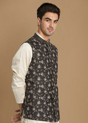 alt message - Manyavar Men Floral Print Blue Jacket With White Kurta Pajama image number 0